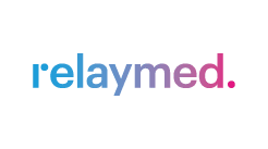 The image shows the Relaymed logo with the text “relaymed.” in blue, purple, and pink gradient colors on a light gray background.