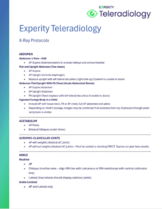 A protocol sheet for Experity Teleradiology detailing X-ray views and instructions for abdomen, acetabulum, acromio-clavicular joints, and ankle imaging.