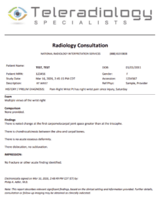 Radiology consultation report for wrist X-ray, indicating findings of pain, no fracture, no dislocation, mild degeneration, and comparison with a previous exam.
