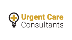 Logo for Urgent Care Consultants featuring a lightbulb with a medical cross, and the company name in gold and black text on a white background.
