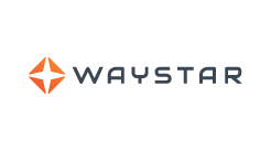 Waystar logo featuring an orange geometric star symbol to the left of the word "WAYSTAR" in gray capital letters on a light background.