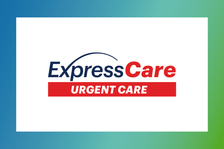 ExpressCare Urgent Care logo with text in blue and red on a white background, bordered by a blue and green gradient.