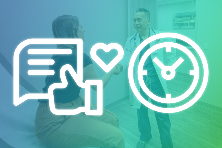 A doctor shakes hands with a patient in an exam room, creating a positive peak end rule experience; overlaid icons show a chat bubble, thumbs up, heart, and clock—highlighting the compassionate side of urgent care.