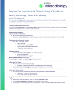 A clinical teleradiology document outlines required patient history, tech notes, documentation checklist, and pro tips for submitting radiology cases.