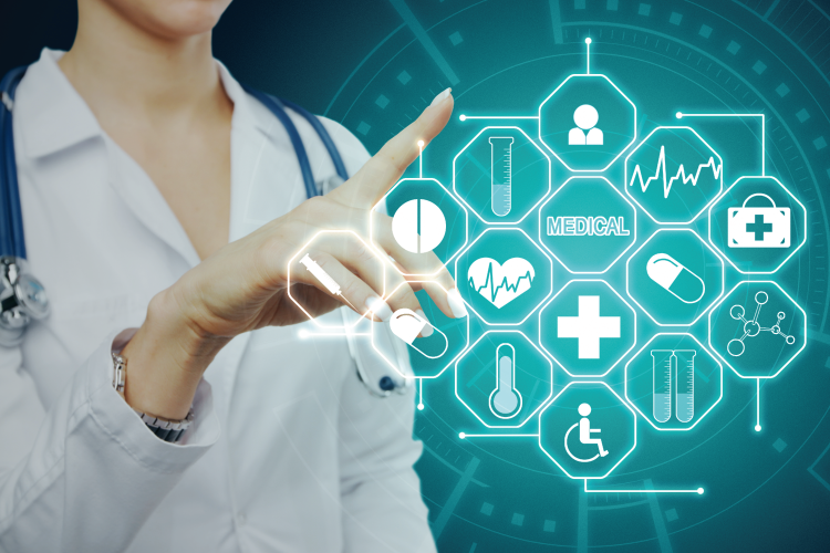 A person in a white medical coat and stethoscope touches a digital interface displaying various healthcare and medical icons.