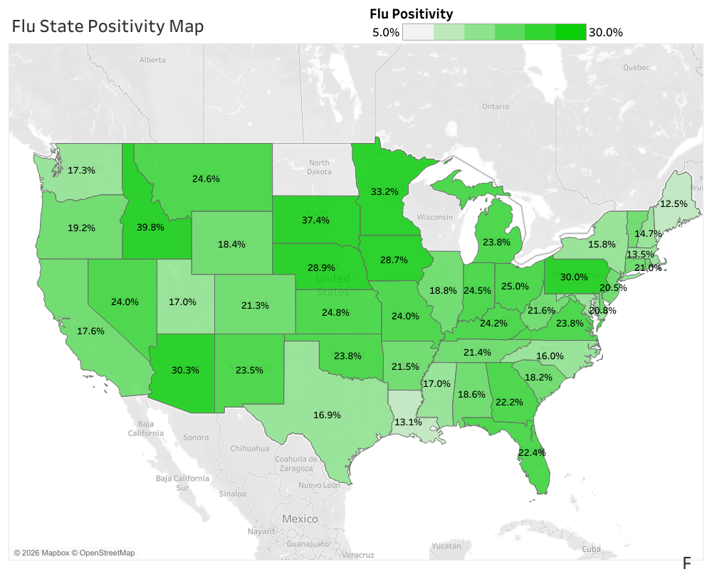 U.S. map showing state-by-state flu positivity rates, ranging from 12.1% to 30.0%, with varying shades of green indicating different levels of positivity.