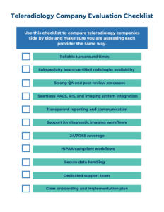A checklist for evaluating teleradiology companies, listing criteria such as turnaround times, radiologist availability, data security, support, and integration.