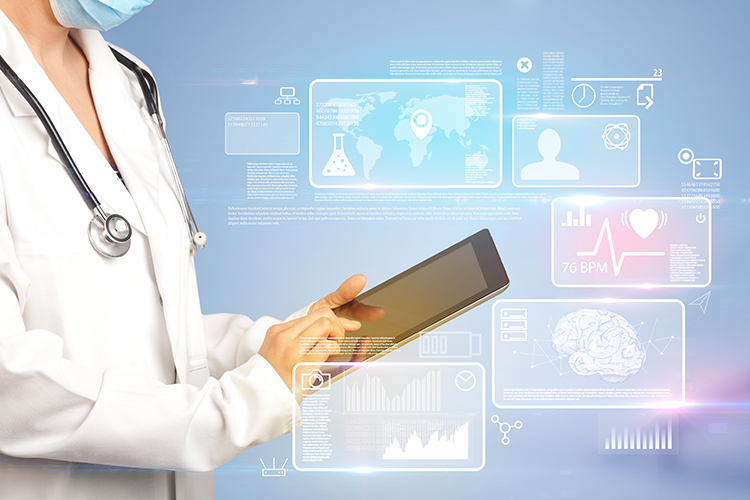 A doctor in a white coat uses a tablet, with medical data and health icons digitally displayed in the background.