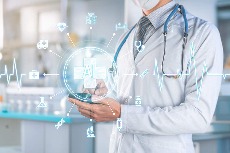 Doctor in a lab coat using a smartphone with AI and healthcare icons overlaid, representing artificial intelligence in medicine.