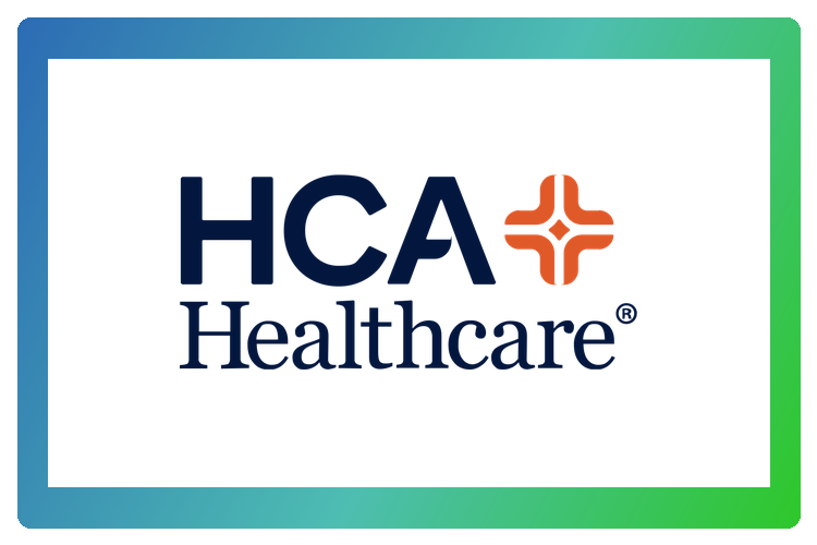 HCA Healthcare logo with bold text and an orange medical cross symbol, bordered by a blue and green gradient frame.