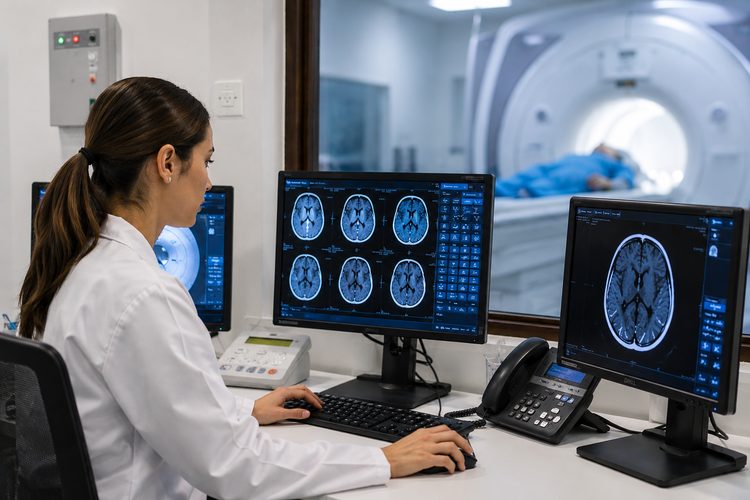 A medical professional analyzes brain scan images on computer monitors while a patient undergoes an MRI scan in the adjacent room.