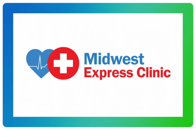 Logo for Midwest Express Clinic featuring a blue heart with a heartbeat line, a red circle with a white medical cross, and the clinic name in blue and red text.