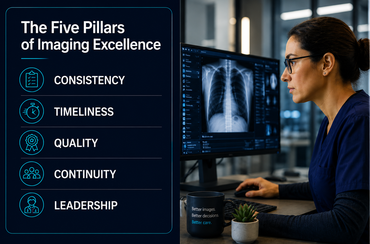 A healthcare professional reviews a chest X-ray on a computer; next to her is a list titled “The Five Pillars of Imaging Excellence” with consistency, timeliness, quality, continuity, and leadership.