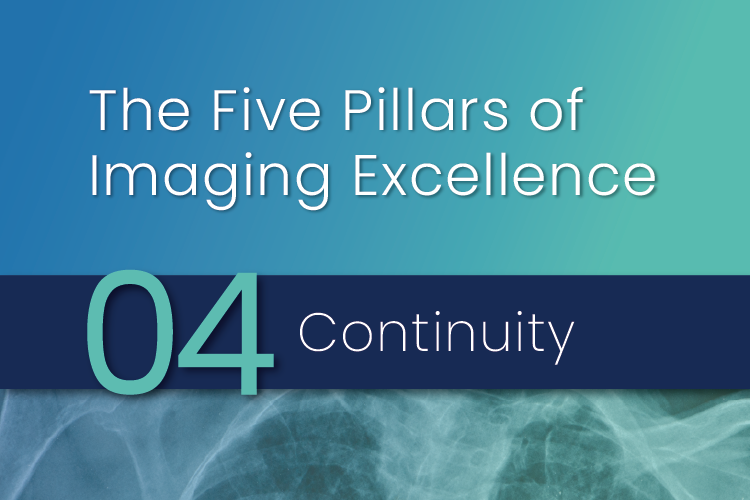 Text reads "The Five Pillars of Imaging Excellence. 04 Continuity" over a teal gradient background with a faint medical X-ray image at the bottom.