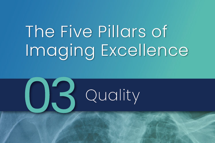 Text reads: "The Five Pillars of Imaging Excellence. 03 Quality." Background includes a partial medical image in shades of blue and teal.