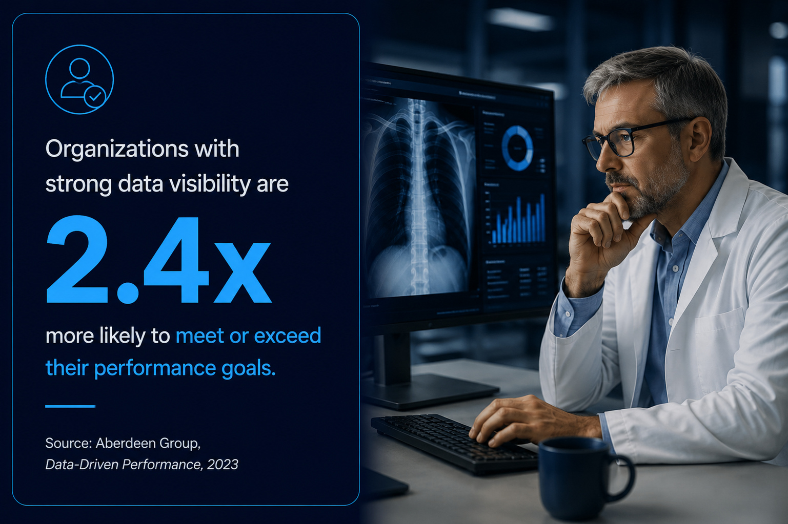 A man in glasses studies data on a computer screen next to text stating strong data visibility increases odds of meeting performance goals by 2.4 times.