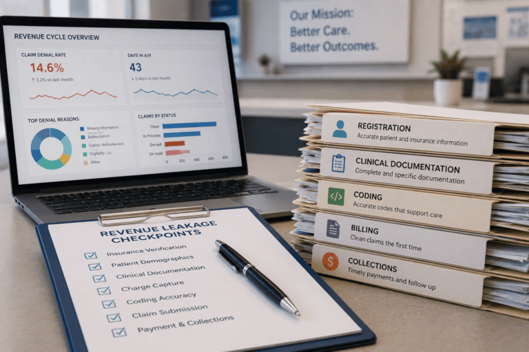 Laptop showing revenue cycle data next to binders labeled registration, documentation, coding, billing, collections, and a clipboard with a revenue leakage checklist.