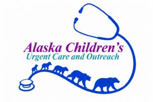 Logo for Alaska Children’s Urgent Care and Outreach, with bear silhouettes and a stethoscope forming a curved path beneath the text.