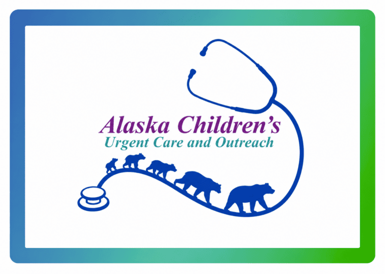 Logo showing “Alaska Children’s Urgent Care and Outreach” with a stethoscope forming a path with silhouettes of five walking bears. Blue and green border frames the image.