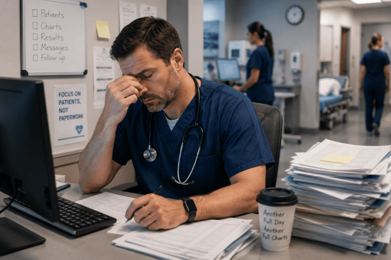 Male healthcare worker in scrubs sits at a desk, holding his forehead, surrounded by paperwork and a computer; other staff work in the background of a hospital setting.