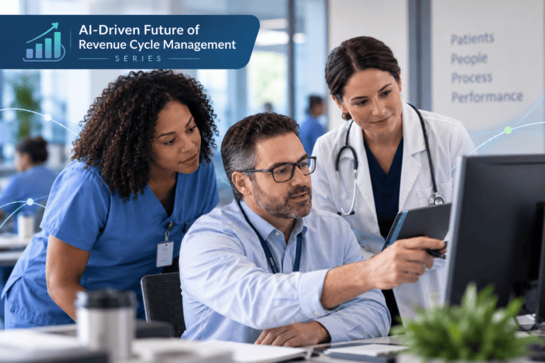 Three healthcare professionals review information on a computer monitor in a medical office. A banner reads “AI-Driven Future of Revenue Cycle Management Series.”.