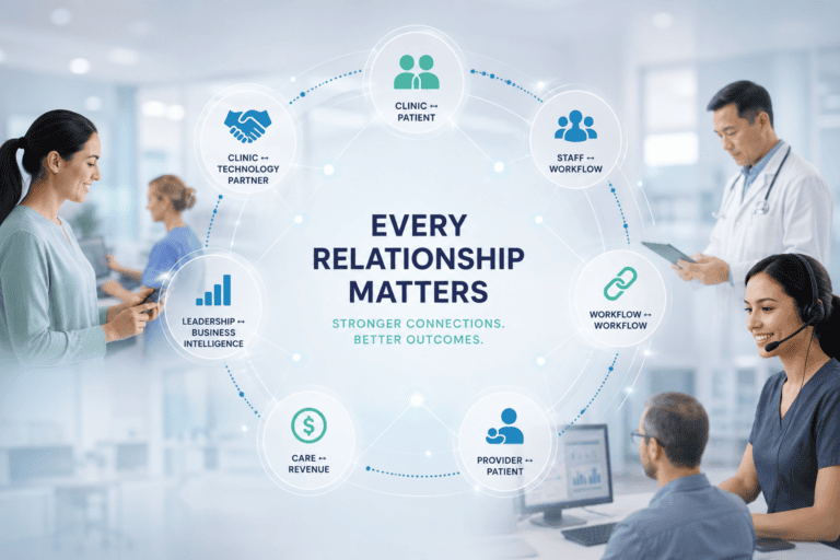 Healthcare professionals interact in a hospital setting, with icons illustrating important relationships such as clinic-patient, staff-workflow, and provider-patient around the text: “Every Relationship Matters.”.