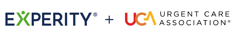 Logos for Experity and Urgent Care Association appear side by side, separated by a plus sign, on a light background.