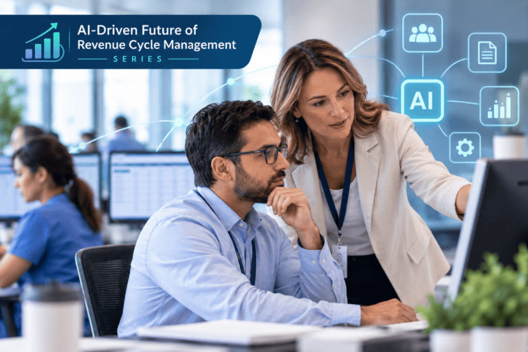 Two professionals reviewing data on a computer screen with an overlaid graphic titled “AI-Driven Future of Revenue Cycle Management Series” and icons representing artificial intelligence.