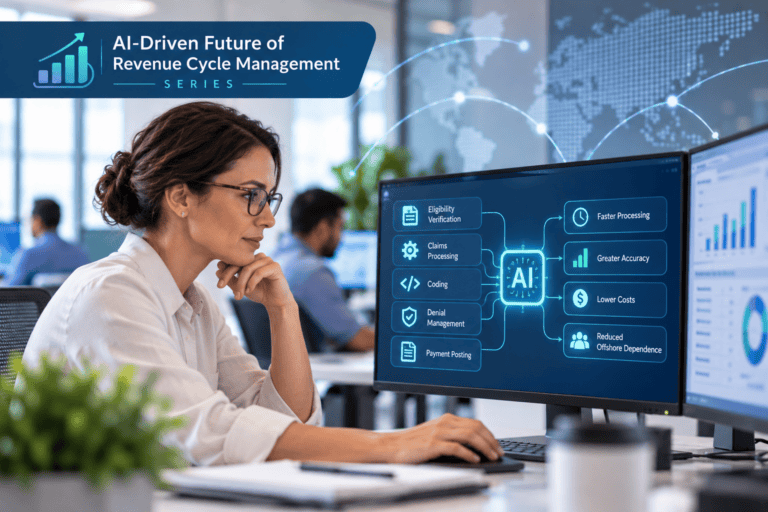 A woman works at a computer displaying an infographic about AI-driven revenue cycle management, highlighting features like eligibility verification, faster processing, and lower costs.