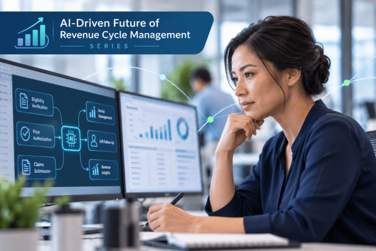 A woman sits at a computer displaying an AI-driven revenue cycle management workflow, with a graphic overlay reading “AI-Driven Future of Revenue Cycle Management SERIES.”